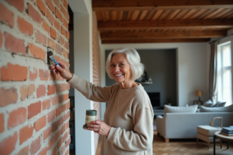 Femme peignant un mur en briques dans un salon rénové