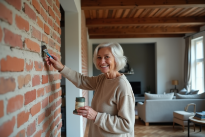 Femme peignant un mur en briques dans un salon rénové