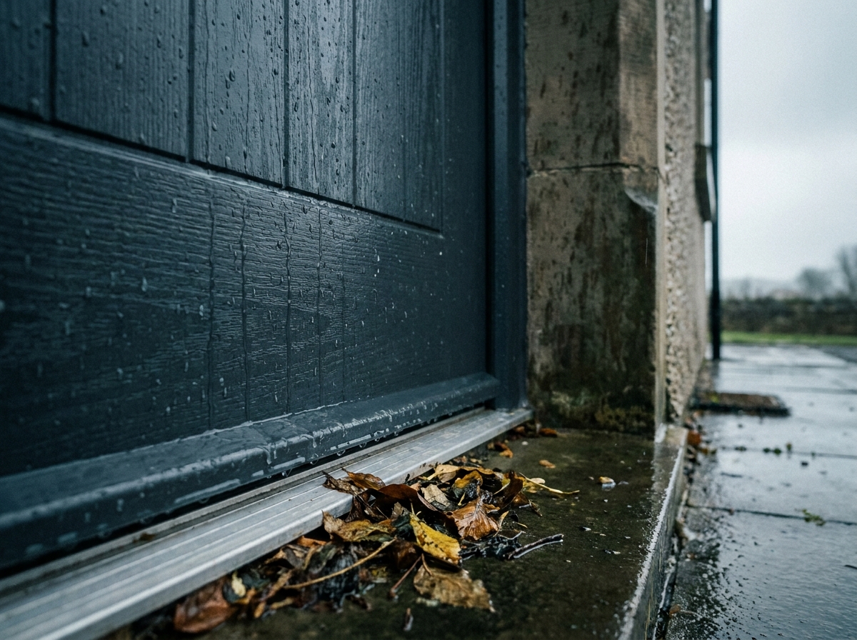 Porte d'entrée composite sous la pluie montrant l'étanchéité du joint de seuil et la résistance au vent et aux intempéries