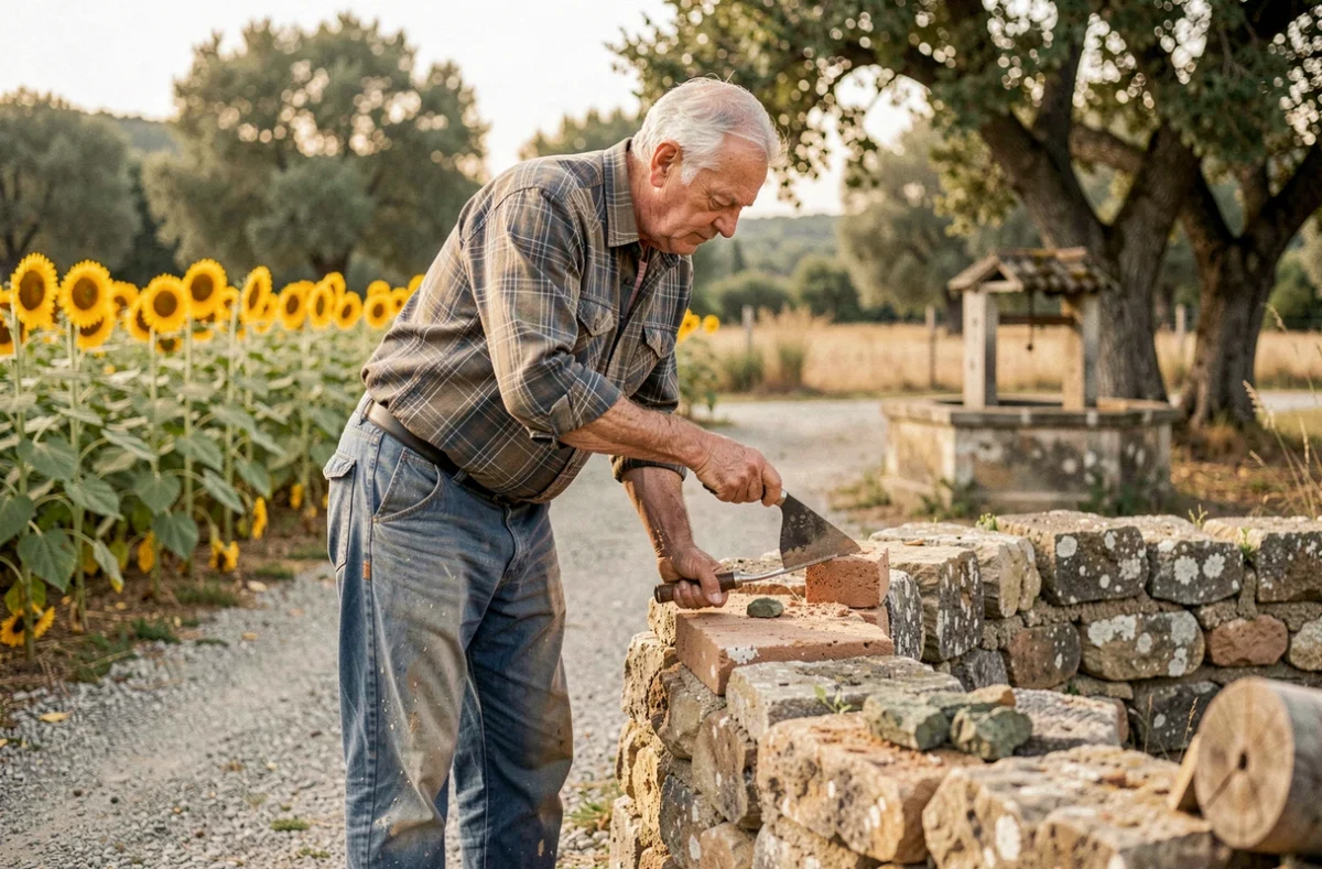 Maçon réalisant de la petite maçonnerie sur un muret en pierre dans le Vaucluse