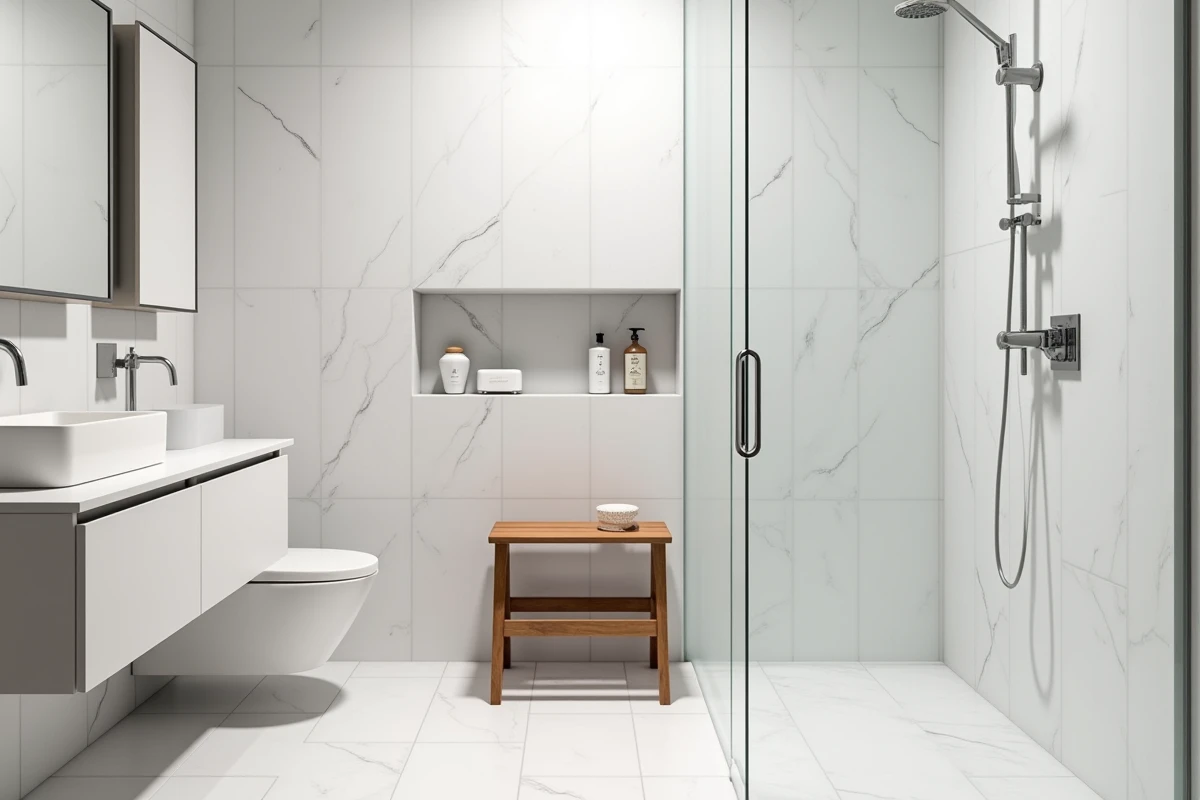 Petite salle de bain 4m2 avec carrelage grand format effet marbre et niche encastrée dans la douche