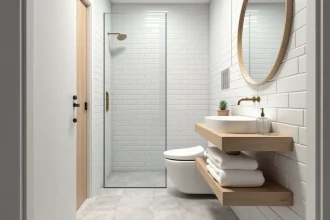 Petite salle de bain 4m2 sans WC avec douche à l'italienne et meuble vasque suspendu en bois clair