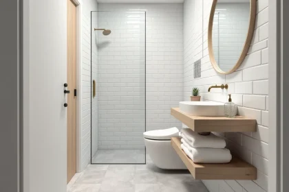 Petite salle de bain 4m2 sans WC avec douche à l'italienne et meuble vasque suspendu en bois clair