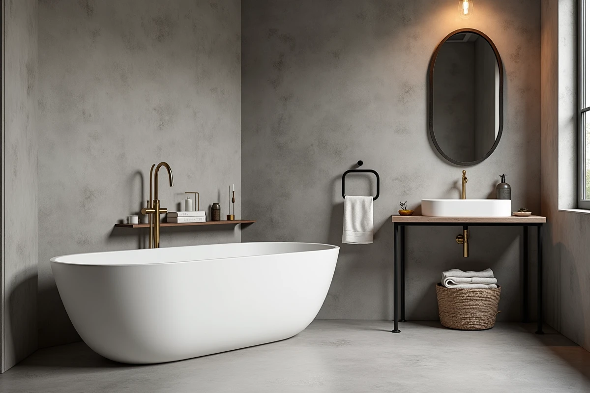 Petite salle de bain 4m2 style industriel avec baignoire îlot blanche, mur béton et robinetterie laiton