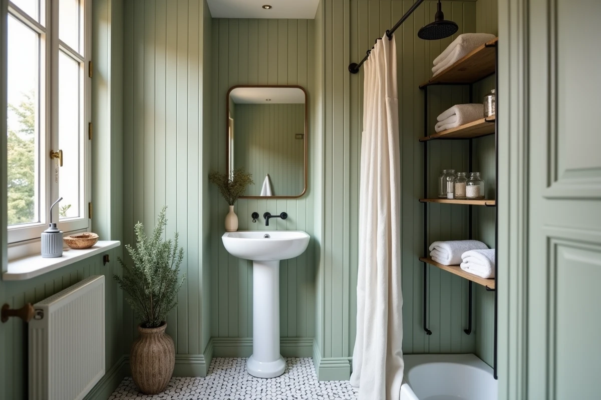 Petite salle de bain 4m2 style parisien avec lambris vert sauge, robinetterie dorée et étagères ouvertes
