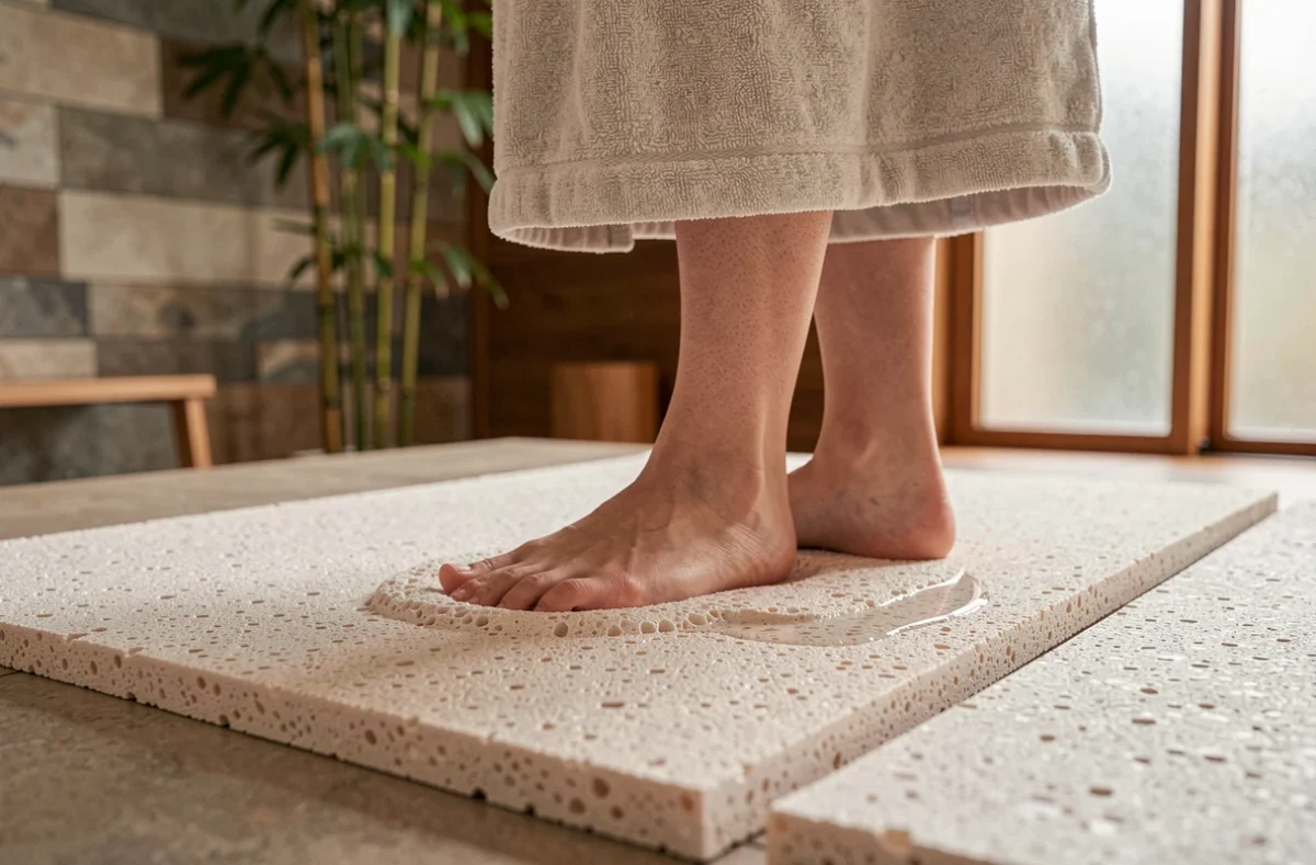 Pieds posés sur un tapis en diatomite épais dans une salle de bain style spa avec décor en bois et bambou