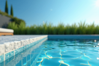 Piscine extérieure moderne avec margelle en pierre et eau scintillante