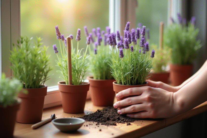 Main plantant de la lavande en pots ensoleilles
