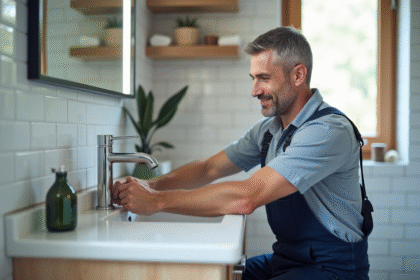 Plombier homme en overalls installant un robinet moderne dans une salle de bain