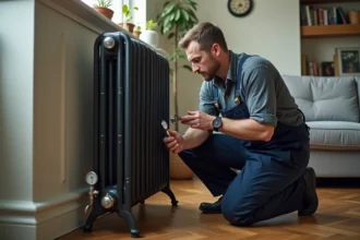 Plombier homme en overalls examine un radiateur ancien dans un salon