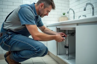 Homme d'âge moyen connectant un tuyau d'évacuation dans une salle de bain