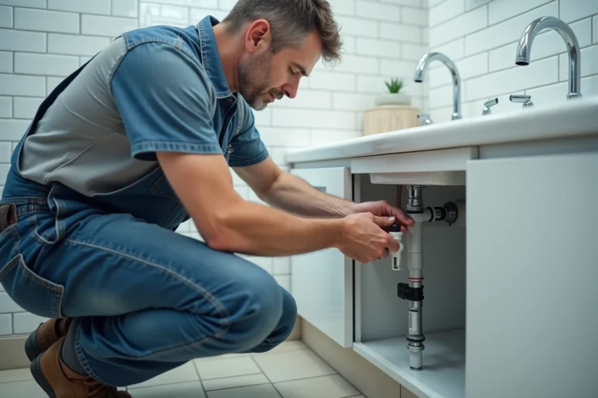 Homme d'âge moyen connectant un tuyau d'évacuation dans une salle de bain