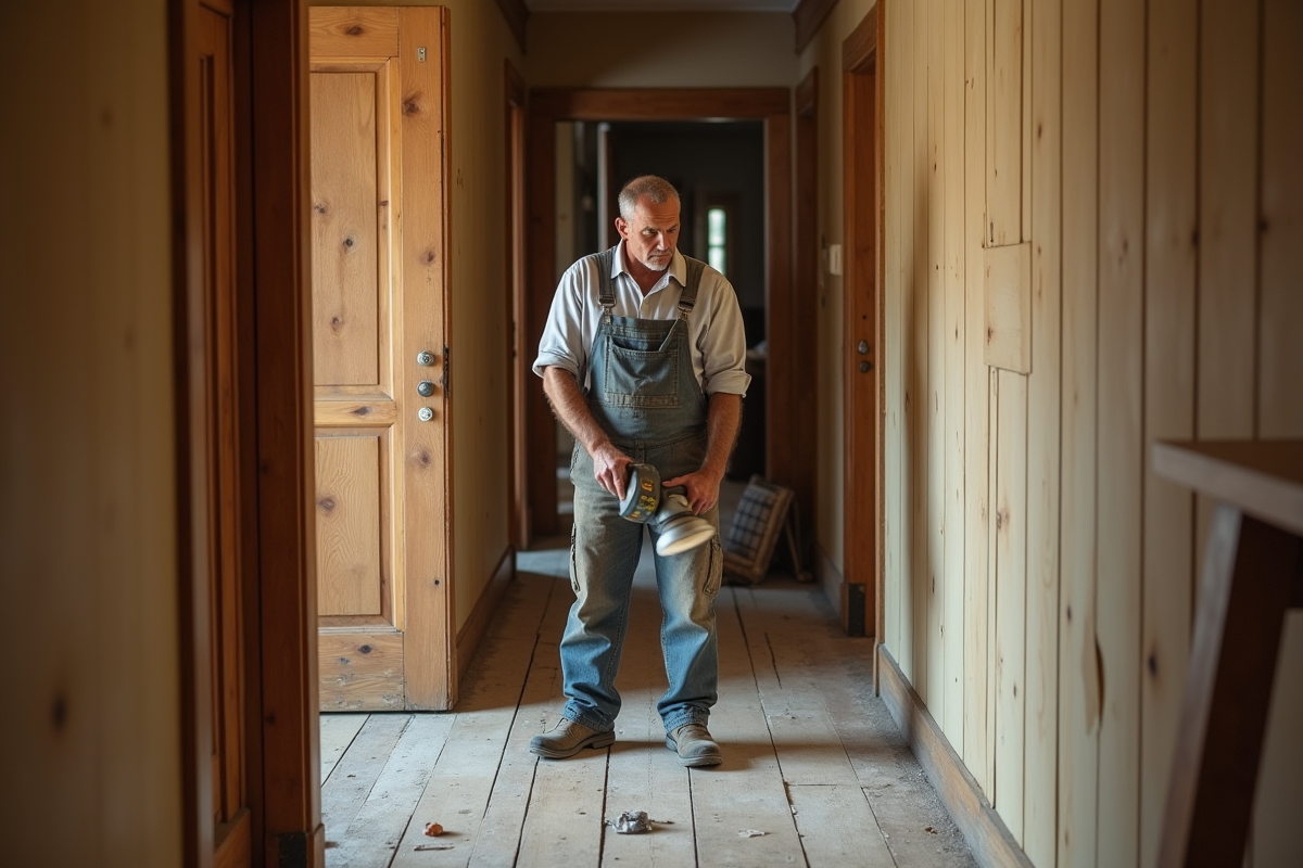 Hommes ponçant bois ancien dans couloir en rénovation