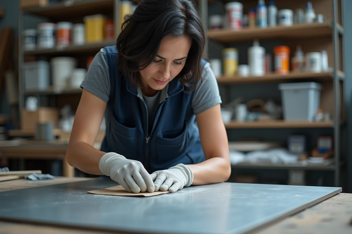 Femme ponçant une surface métallique lisse avant de coller une pièce plastique, portant des gants de protection dans un atelier DIY