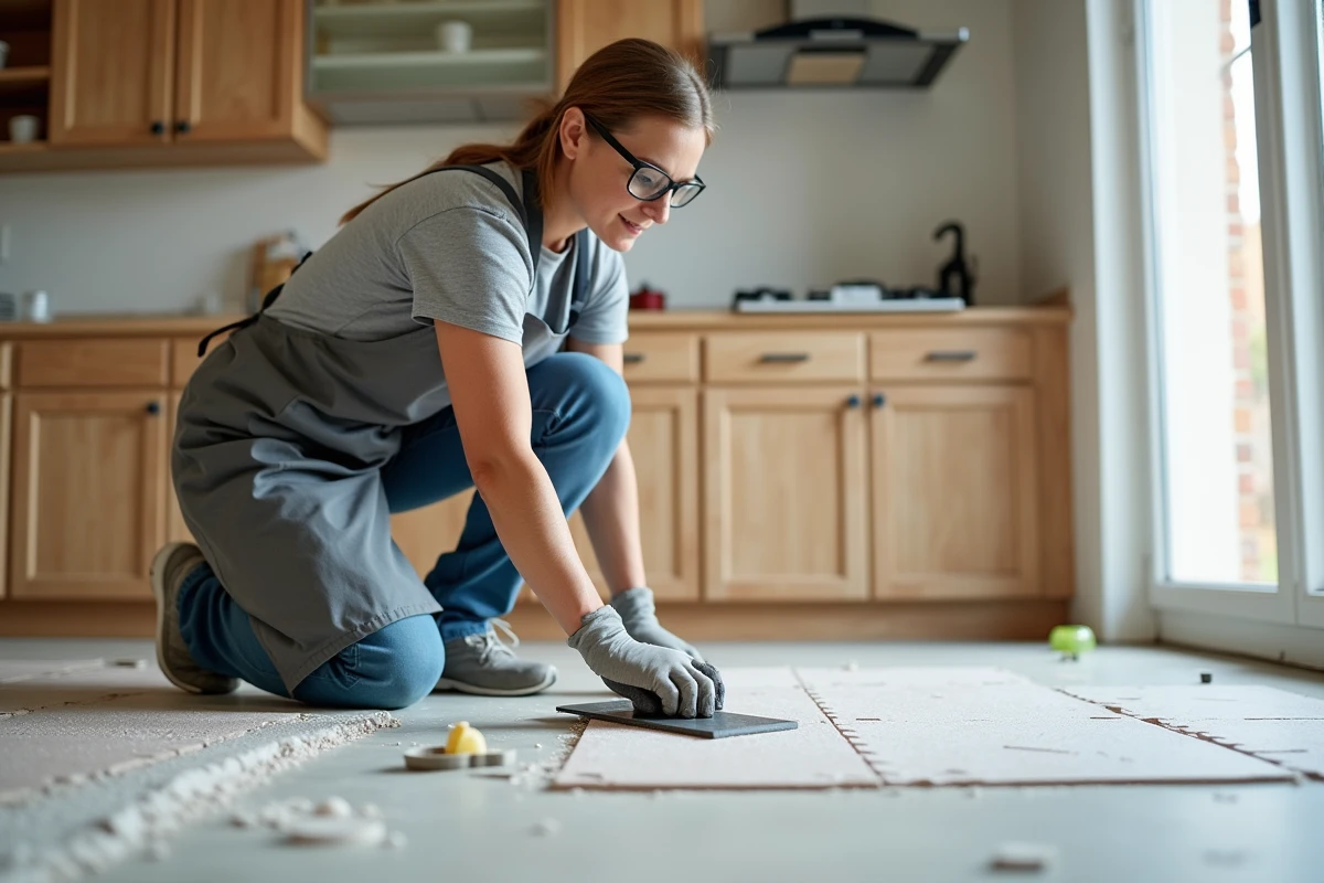 Carreleuse étalant la colle sur un sol de cuisine en cours de rénovation avec une taloche crantée professionnelle