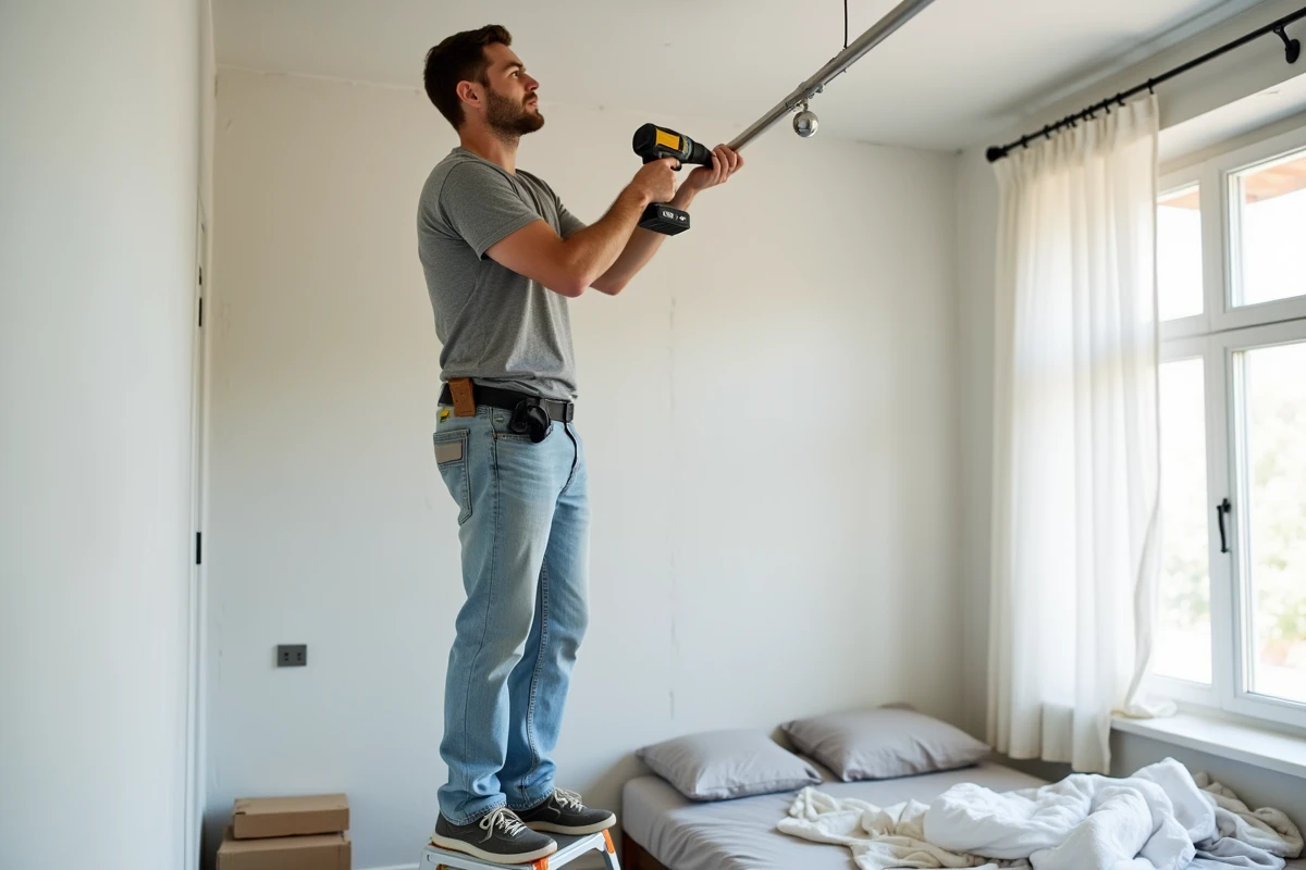 Personne en train de poser un kit tringle à rideau au plafond dans une chambre en cours de rénovation