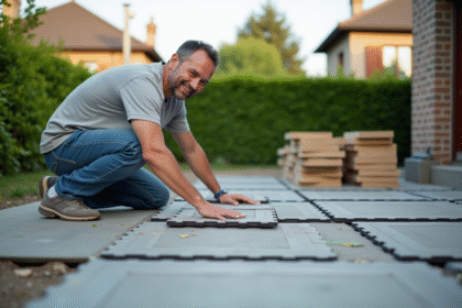 Homme posant des dalles composite sur une terrasse extérieure
