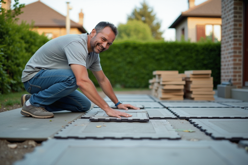 Homme posant des dalles composite sur une terrasse extérieure