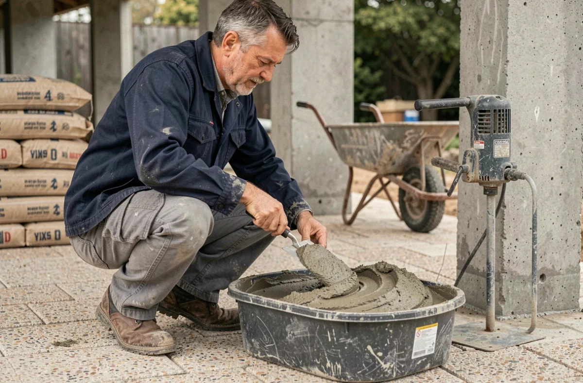 Ouvrier préparant le dosage d'une chape ciment avec une perceuse malaxeur sur un chantier extérieur