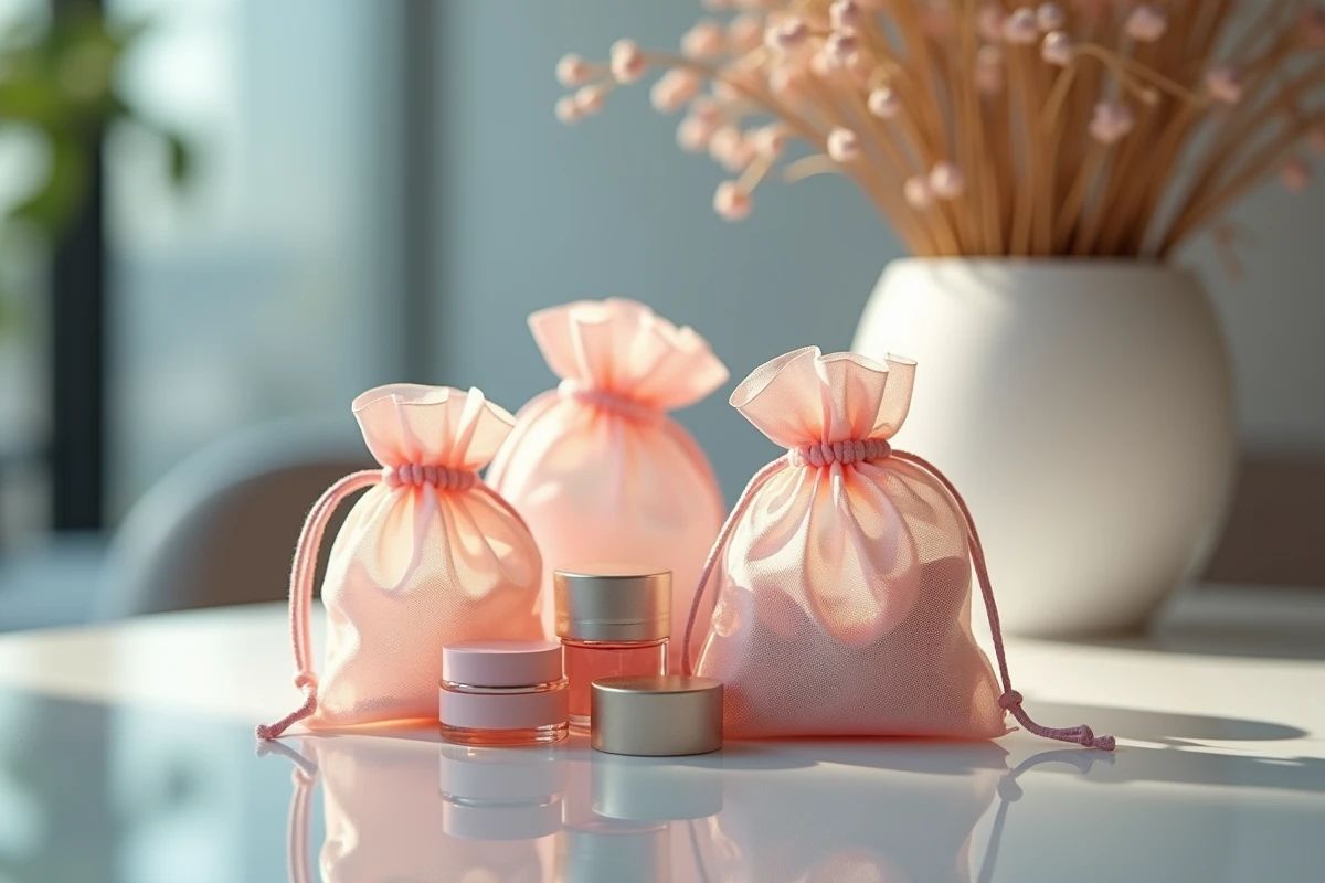 Produits de beauté dans des sachets en organza sur un plateau