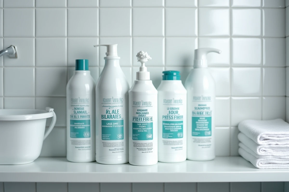 Produits nettoyants pour shampouineuse alignés sur une étagère pour traiter les mauvaises odeurs de moquette