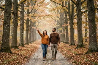 Couple en promenade dans la forêt de feuillus du Bois d'Ormes en Bourgogne lors d'un week-end d'automne