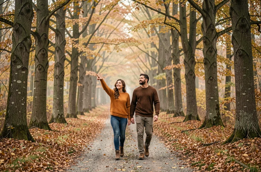Couple en promenade dans la forêt de feuillus du Bois d'Ormes en Bourgogne lors d'un week-end d'automne