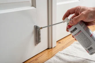 Pulvérisation d'un produit sur le gond d'une porte intérieure blanche