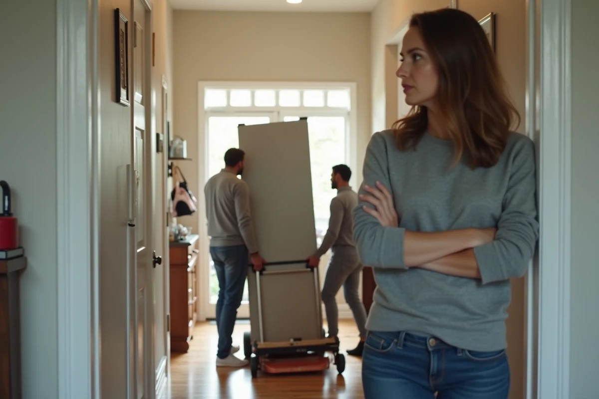 Femme refusant la livraison d'un réfrigérateur couché à l'entrée de son domicile