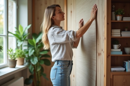 Femme appliquant film adhésif sur vieux bois dans salon lumineux