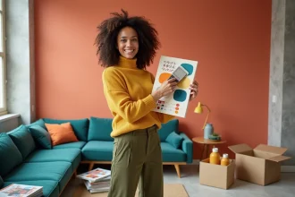 Femme tenant des échantillons de couleurs devant un mur en cours de peinture lors d'un relooking intérieur pop design