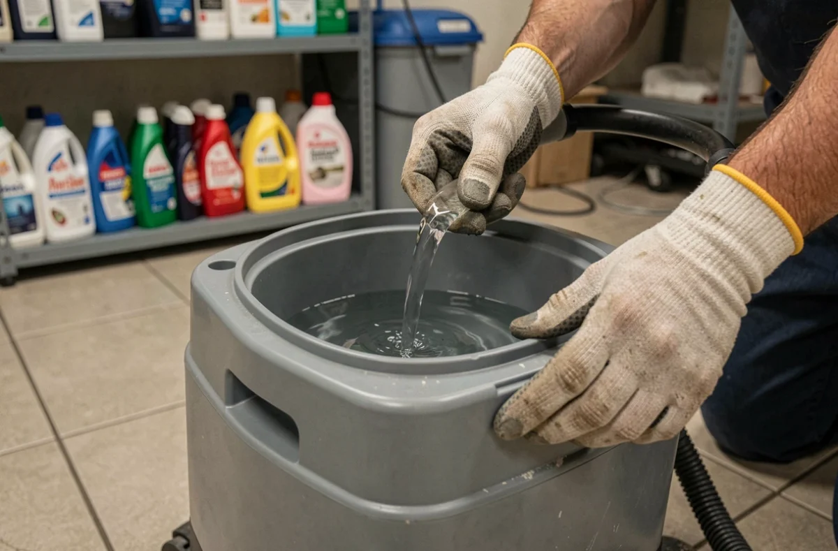Gros plan sur le réservoir d'une shampouineuse professionnelle rempli de produit nettoyant par un technicien en gants