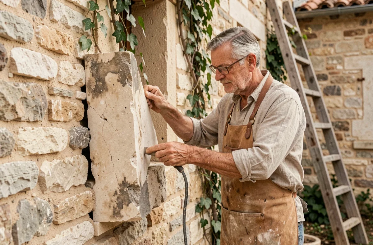 Artisan maçon restaurant un bâti ancien en pierre naturelle dans une ferme provençale