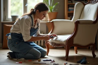 Femme débutante qui retire les anciennes agrafes d'un fauteuil Voltaire pour le retapisser à la maison avec des outils simples