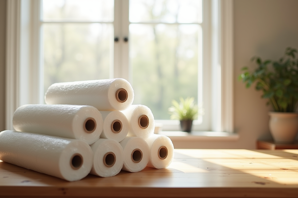 Rouleaux de bulles de protection empiles sur une table en bois