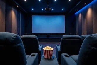 Salle de cinéma maison professionnelle avec écran de projection 120 pouces, sièges velours marine et panneaux acoustiques muraux