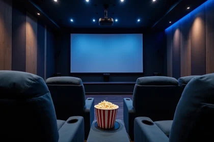 Salle de cinéma maison professionnelle avec écran de projection 120 pouces, sièges velours marine et panneaux acoustiques muraux