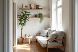 Salon compact aménagé avec des meubles français gain de place dans un appartement parisien au parquet en chevrons