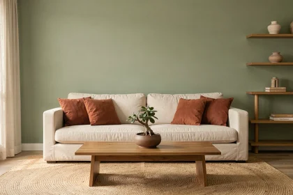 Salon feng shui avec palette de couleurs apaisantes en vert sauge, crème et terracotta pour un chi harmonieux