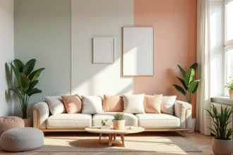 Salon moderne lumineux avec couleurs pastel et plantes