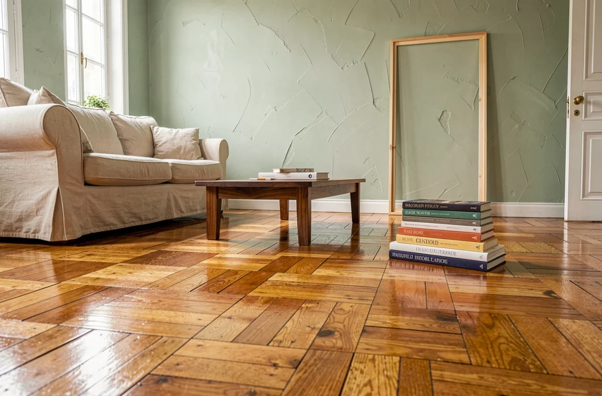 Salon parisien avec parquet massif ancien ciré, finition satinée chaleureuse et décoration intérieure naturelle