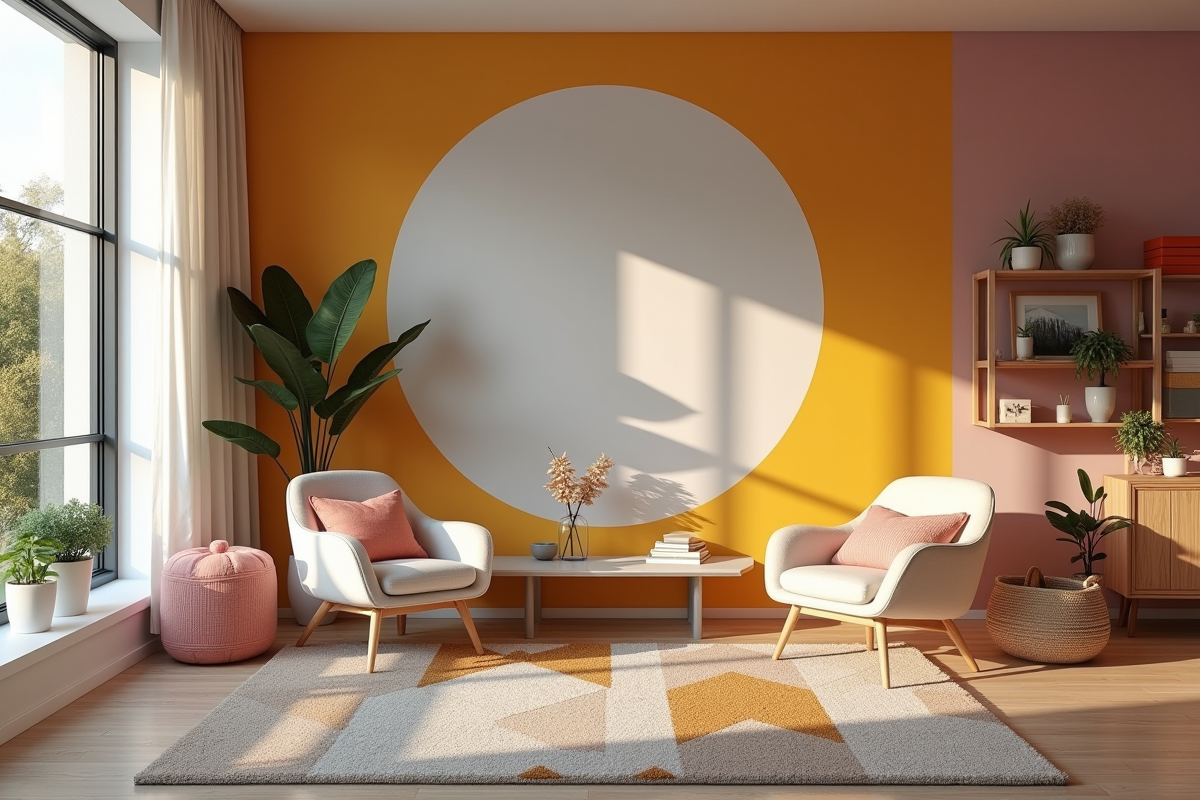Salon scandinave avec murs colorés et mobilier géométrique