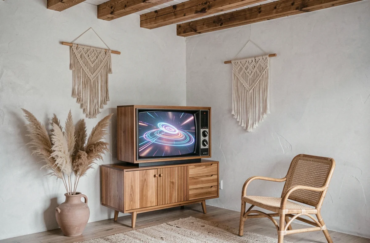 Coin salon scandinave bohème avec une télévision vintage en bois des années 80 reconvertie en objet décoratif affichant un art numérique
