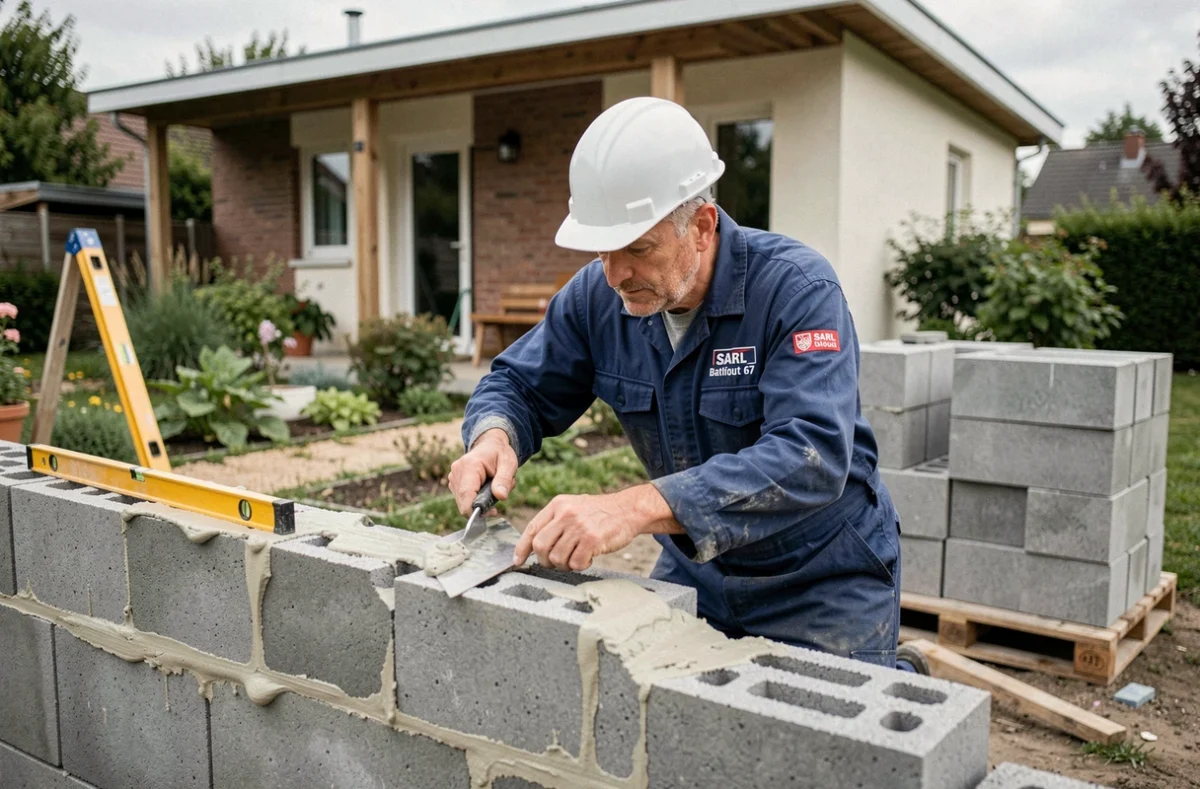 Ouvrier de SARL Batitout 67 construisant une extension en parpaings dans un jardin résidentiel près de Strasbourg, Alsace