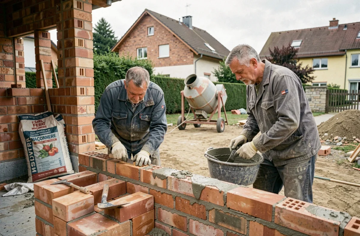 Deux maçons de la SARL Ferat Maçonnerie posant des briques sur un chantier résidentiel en Alsace, avec une bétonnière et des matériaux de construction visibles