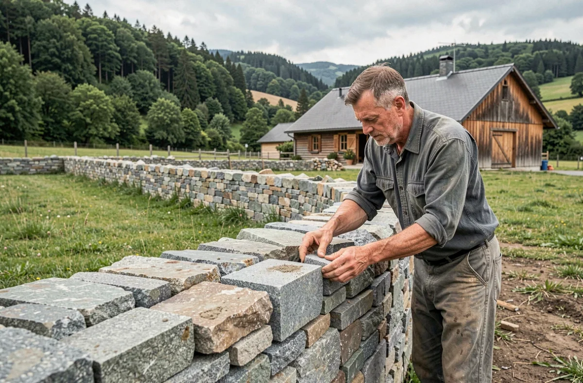 Maçon de Schala construisant un mur en pierres sèches en granit des Vosges dans un environnement rural du Grand Est, sélectionnant chaque pierre à la main