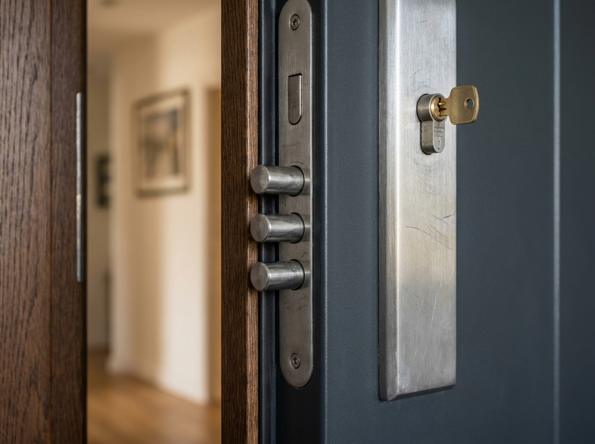 Mécanisme de serrure multipoints sur une porte d'entrée en acier anthracite, avec points d'ancrage et cylindre de sécurité renforcé