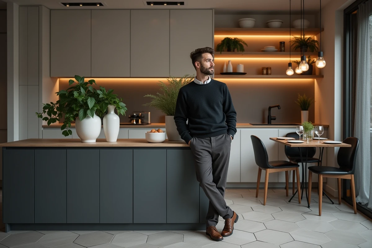 Meuble bas buffet utilisé comme séparation entre la salle à manger et la cuisine dans un appartement urbain
