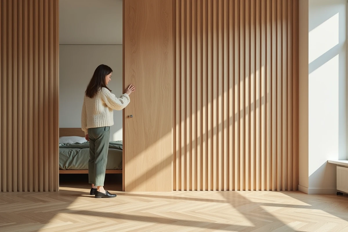 Claustra en bois lamellé birch utilisé comme séparation meuble entre le coin nuit et le séjour dans un studio scandinave