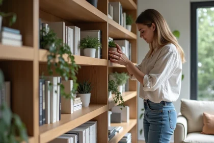 Étagère bibliothèque utilisée comme séparation meuble dans un salon moderne avec espace bureau ouvert
